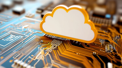 an abstract digital artwork showcasing a cloud symbol on a computer motherboard, symbolizing data storage and cloud computing concepts