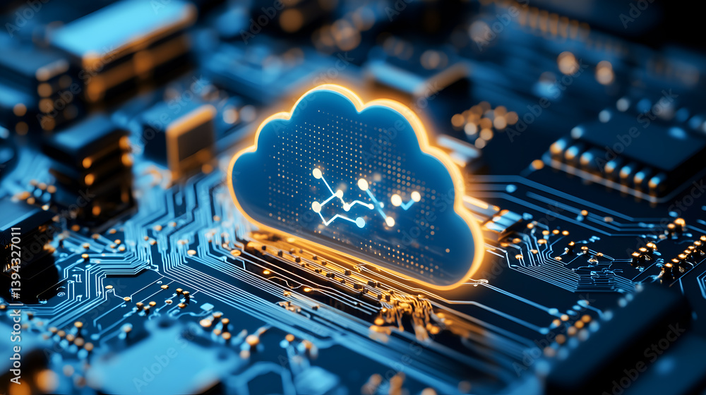 Poster a conceptual image of a glowing cloud symbol on a circuit board, representing cloud computing and di