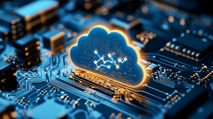 A conceptual image of a glowing cloud symbol on a circuit board, representing cloud computing and digital connectivity