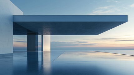 3D Modern seaside house with a pool, reflecting minimalist luxury at sunset.