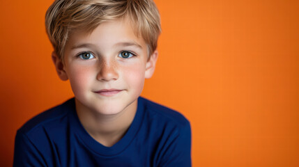 Smiling boy: Capturing a delightful portrait of a young boy with a genuine smile, set against a vibrant background, radiating pure happiness and warmth. 