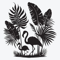 Silhouette of tropical leaves and flamingos. stock illustration