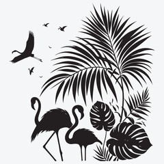 Silhouette of tropical leaves and flamingos. stock illustration