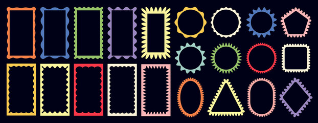 Groovy framework pattern silhouette showcasing psychedelic y2k squiggle photo frame, doodle rectangle, circle, label, flower sticker and brutal text message box with wavy zigzag edge and comic border.