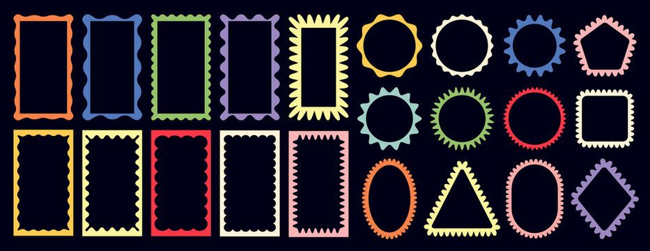 Groovy framework pattern silhouette showcasing psychedelic y2k squiggle photo frame, doodle rectangle, circle, label, flower sticker and brutal text message box with wavy zigzag edge and comic border.