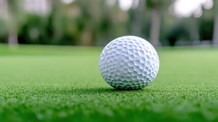 Obraz premium Golf Ball on Putting Green, Lush Grass, Natural Style, High-Definition Focus, Close-up Ground View, Dimpled Surface Texture, Ready to Putt, Blurred Trees, Vibrant Green Tones, Perfect for Sports Ads