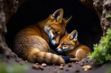 Mother fox with cub in underground den