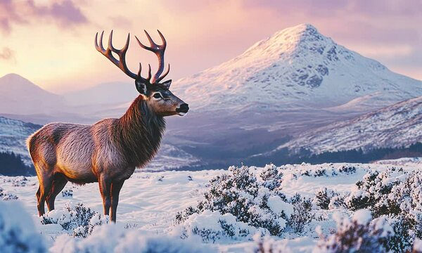 Deer in snow mountain landscape.