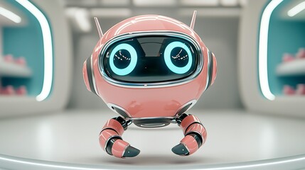 Floating Pink Robot in Futuristic White Room
