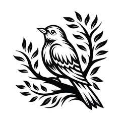 Black & White Bird Silhouette on Branch with Leaves Nature, Wildlife, Fauna