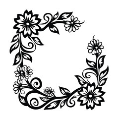 Floral Black & White Decorative Flower Border with Leaves and Branches Design