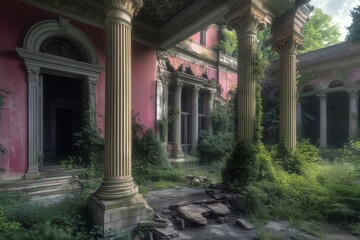 A collapsing neoclassical estate, its Corinthian columns cracked, overgrown gardens hiding the beauty beneath.