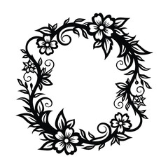 Floral Wreath Silhouette with Blossoms, Leaves, and Vines in Black and White Design