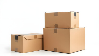 Stacked brown cardboard boxes in various sizes arranged on a white background