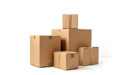 Stacked brown cardboard boxes in various sizes arranged on a white background