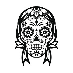 Monochrome Sugar Skull with Floral Ornamentation, Intricate Black and White Design