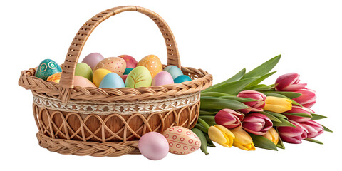 Easter Basket and Tulips: A whimsical scene unfolds, where a rustic basket overflows with vibrant Easter eggs alongside a bouquet of fresh, colorful tulips.