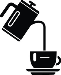 Black and White Vector PNG Illustration of a Tilted French Press Pouring Coffee Into a Cup on a Saucer, Representing a Cozy Coffee-Brewing Scene