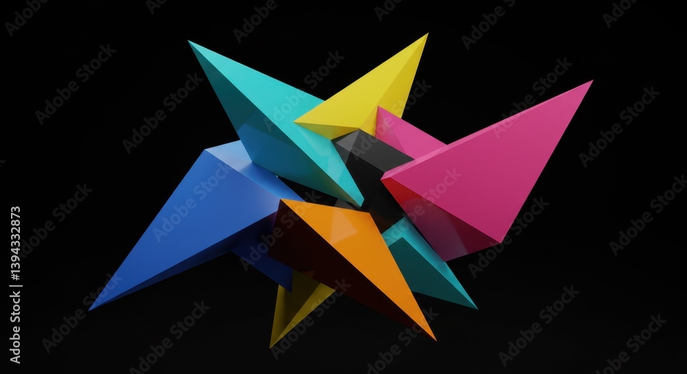 Poster abstract colorful geometric shapes 3d render: a vibrant starburst of triangles in a dark background