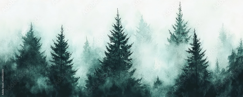 Poster serene forest scene with tall evergreen trees shrouded in mist, creating a mysterious and tranquil a