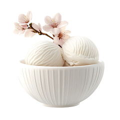Delicate Scoops Of Creamy Vanilla Ice Cream Nestled In A Pristine White Bowl, Adorned With A Blossoming Cherry Branch, A Serene Spring Treat Isolated on Transparent Background