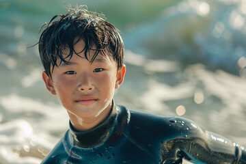 Happy young child enjoying a refreshing surfing experience with water splashes in the sunlight – generative AI