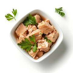 Delightful Chunks Of Tuna In A Pristine White Bowl, Garnished With Fresh Parsley, A Simple Yet Elegant Presentation Isolated on Transparent Background