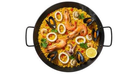 Colorful seafood paella featuring shrimp calamari and mussels in a black skillet