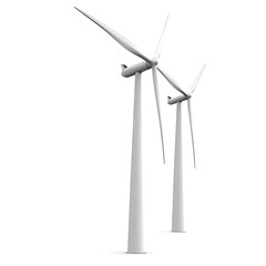 Two Majestic Wind Turbines Gracefully Turning In A Clean Energy Future, A Minimalist White 3d Rendering Against A Bright Background Isolated on Transparent Background