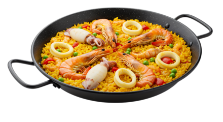 Colorful seafood paella featuring shrimp calamari and vibrant vegetables in traditional skillet