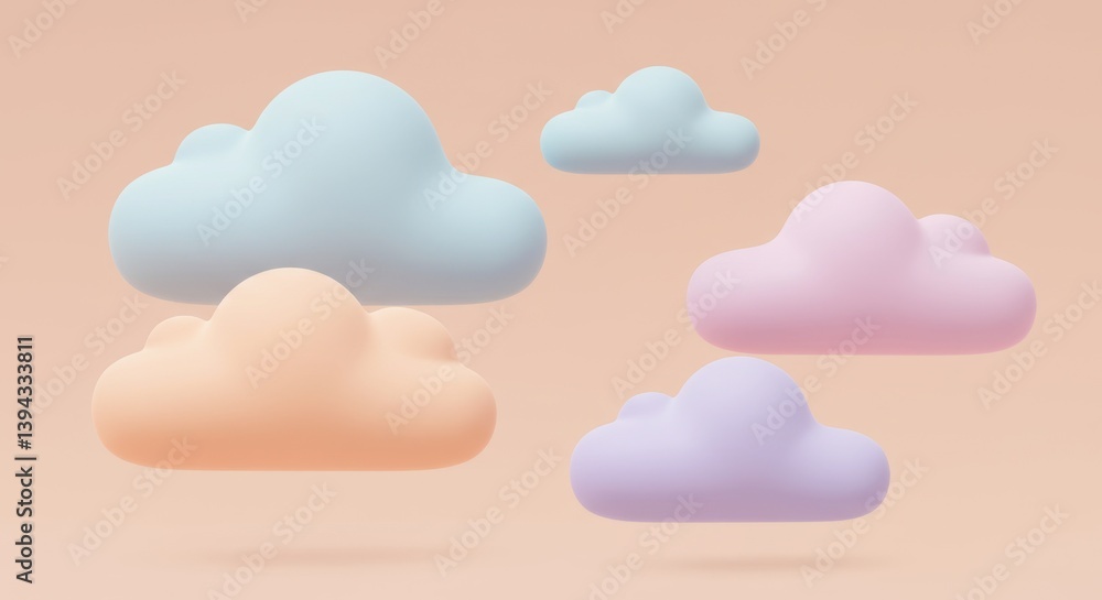 Poster Pastel Cloudscape: A Dreamy 3D Render of Soft Clouds Floating Against a Peach Background