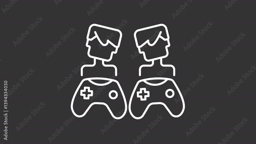 Poster animated pvp game white icon. players with videogame controllers line animation. multiplayer interac
