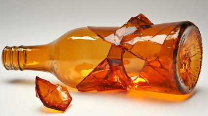 A shattered amber glass bottle, a moment of breakage captured