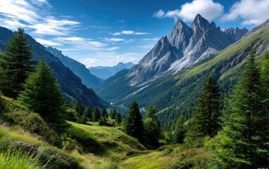 Fototapeta premium the Dolomites mountain range in Italy, with green grassy hills and peaks under a blue sky
