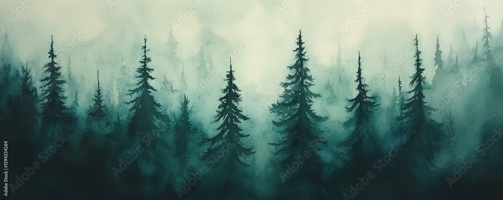 Poster a misty forest scene featuring tall pine trees, creating a tranquil and mysterious atmosphere with s