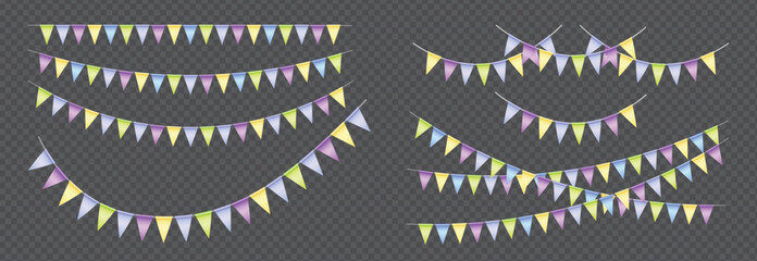 Realistic Triangle Bunting flags set, Purple, Green, Blue and Yellow vector pennants hanging on the rope. Colorful flag garland for party and holiday decorations