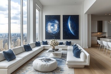 Modern dining area with white and grey seating, celestial chart posters, open kitchen view, cityscape window, and floral centerpiece adding vibrant color