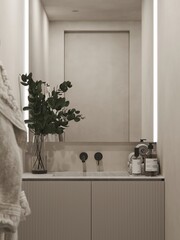 Beige bathroom interior with double sink and mirror, carpet on hardwood floor, bathtub, plants. Bathing accessories and toilet in  scandinavian hotel studio. Nordic Elegance.3D rendering