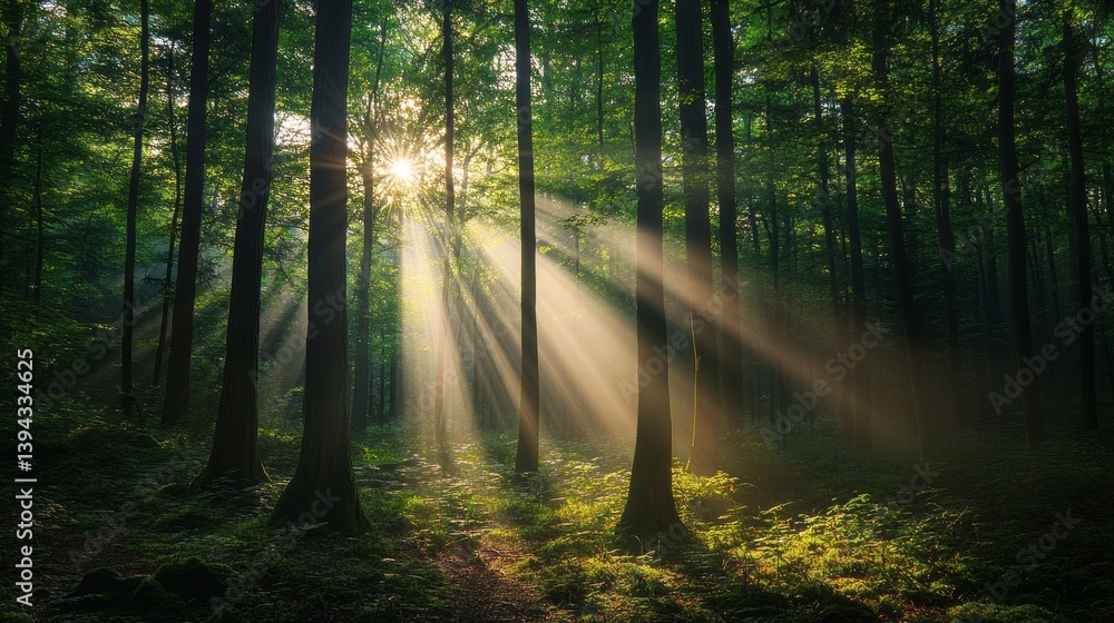 Poster sunlight streams through the tall trees of a dense forest, casting golden rays onto a vibrant carpet