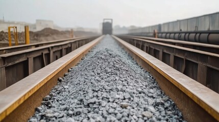 Fototapeta premium Detailed View of Gravel Pile on Train Tracks with a Fading Background in Industrial Setting