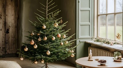 Rustic Christmas Tree Decor Gold Ornaments Winter Holiday Season