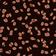Dark seamless pattern coffee beans. Hand-drawn illustration background.