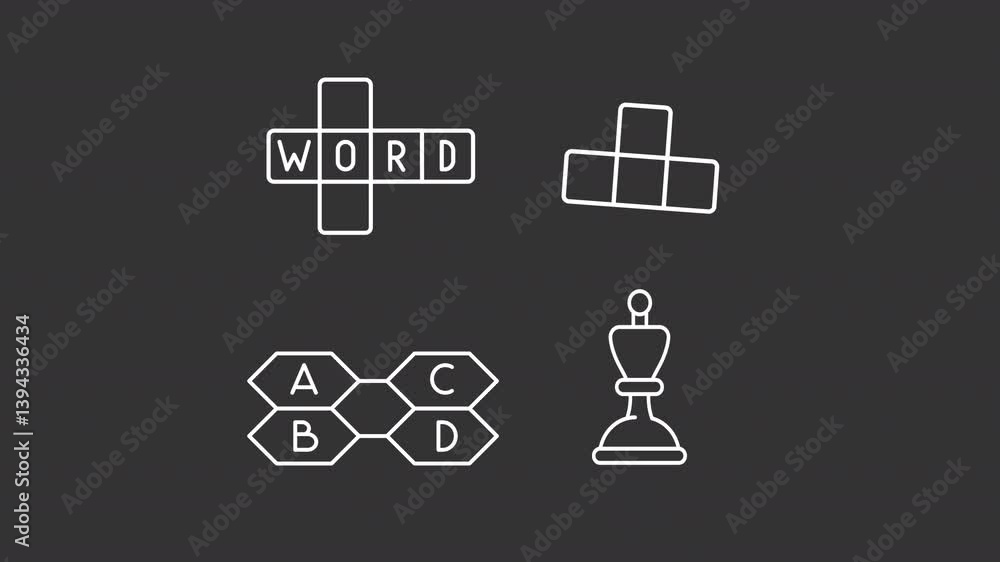 Poster animated games white icons. quizzes, puzzles and strategies line animation library. development via 