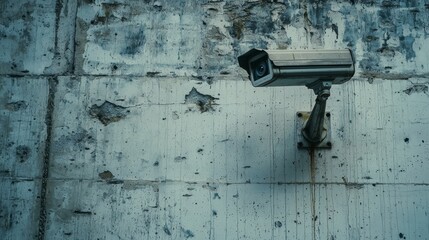 Security camera mounted on a weathered concrete wall in an urban environment capturing potential activity