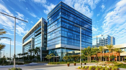 A modern office tower with clean lines and reflective glass facades.