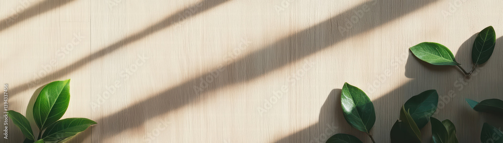 Poster green leaves and shadow play: a minimalist arrangement of verdant leaves, subtly illuminated by the 