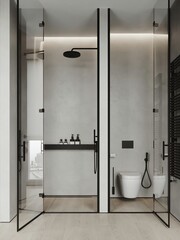 Beige bathroom interior with double sink and mirror, carpet on hardwood floor, bathtub, plants. Bathing accessories and toilet in  scandinavian hotel studio. Nordic Elegance.3D rendering