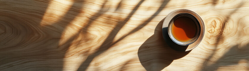Serene Tea Ritual: A top-down view showcases a handcrafted ceramic teacup holding a steaming tea against a backdrop of warm sunlight casting delicate shadows on a wooden surface.