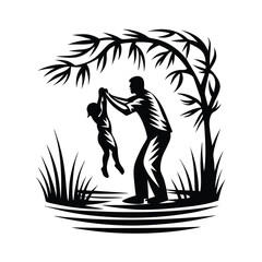 Stylized Silhouette of Dad Swinging Child Under a Tree with Long Grass Nearby