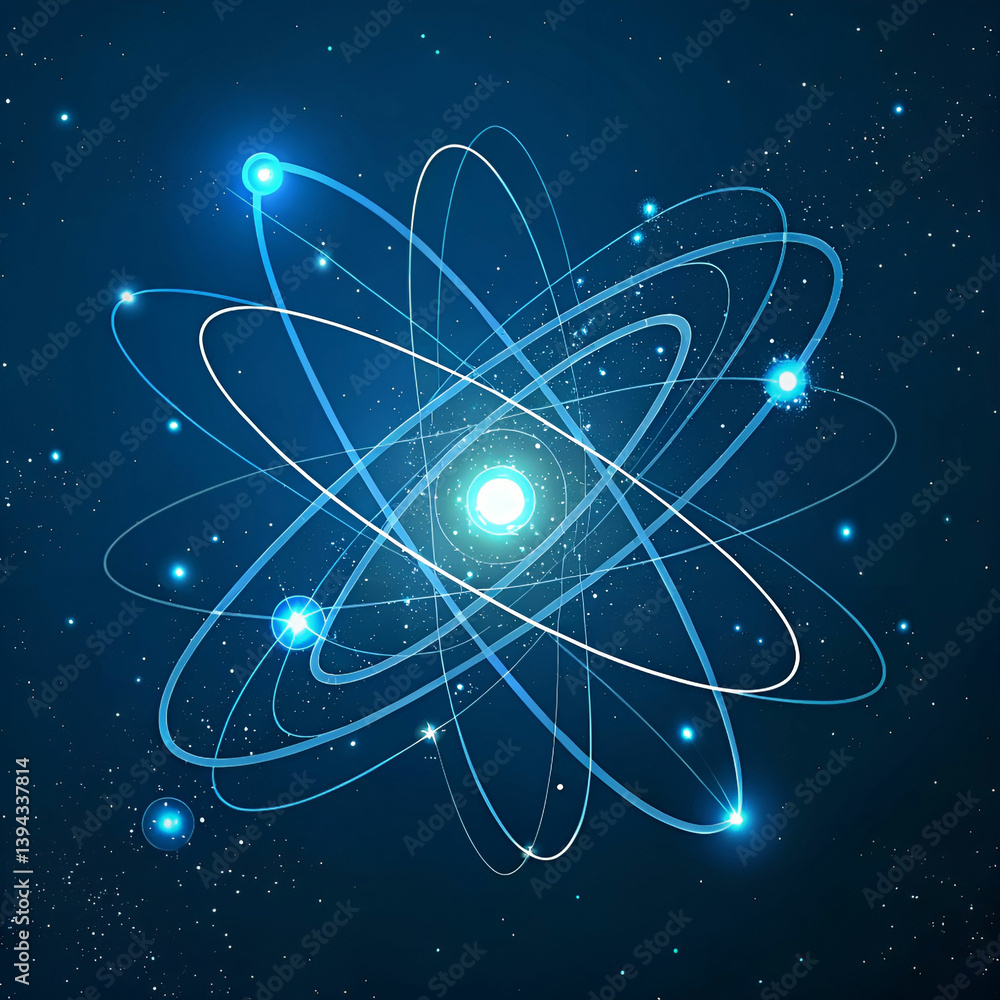 Poster a dynamic physics-themed background with glowing particles and energy waves illustrating motion, for